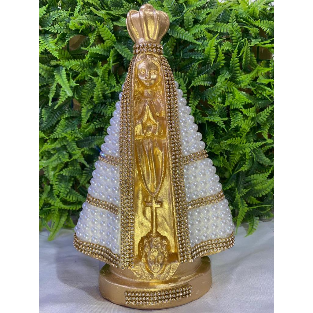 Imagem Nossa Senhora Aparecida com Pérolas Branca 25cm com Meio Dourado e Manto com Perolas Detalhes com Strass