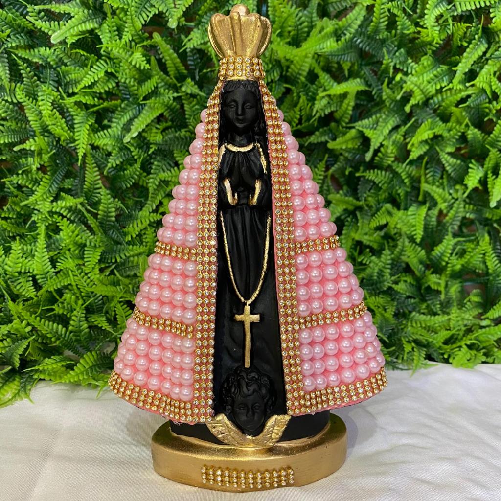 Imagem Nossa Senhora Aparecida 25cm com Pérolas Rosas – Decoração Religiosa e Presente Especial