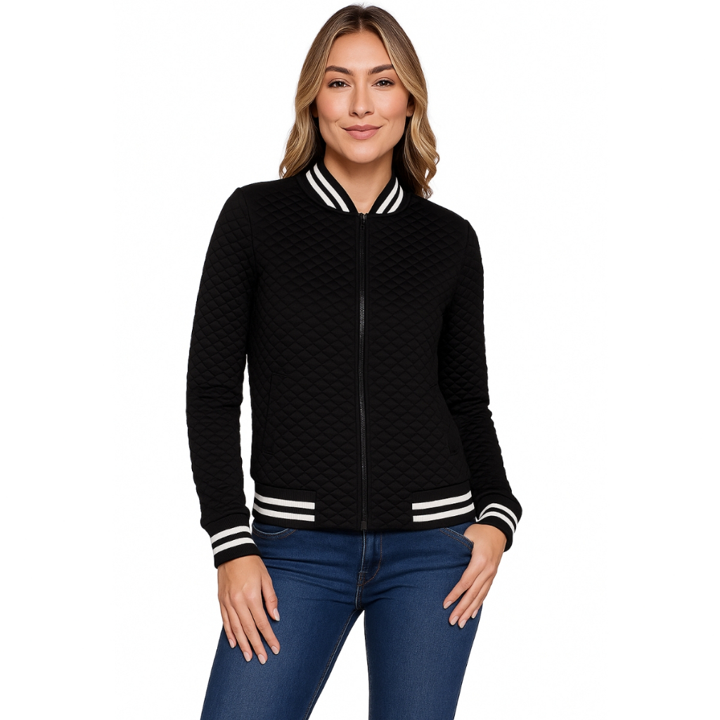Jaqueta Feminina Inverno Matelassê Estilosa com Zíper e Listras Modelo Bomber Blusa Frio em Oferta na Shopee