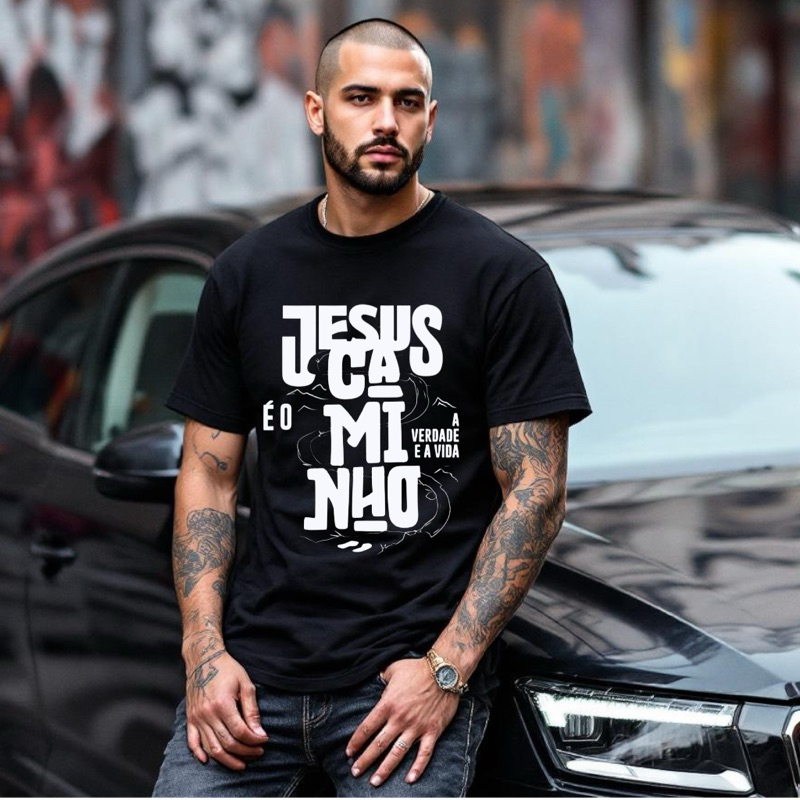 Camiseta Algodão Cristã Gospel Jesus Caminho Verdade Passagem Bíblica Evangelica Blusa Slim Unissex Culto Masculina