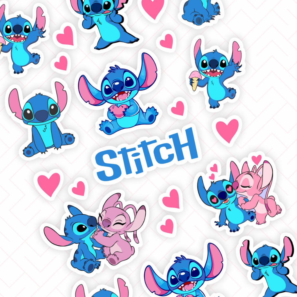 Super Cartela com 60x Adesivos Decorativos Super Fofos A Prova Dágua Bluey Stitch