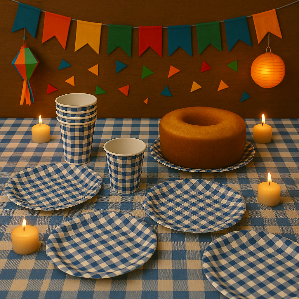 KIT AZUL  XADREZ 10 PRATOS+10 COPOS DE PAPEL DESCARTÁVEL  ( SILVER FESTAS ) FESTA JUNINA 2025 em Oferta na Shopee