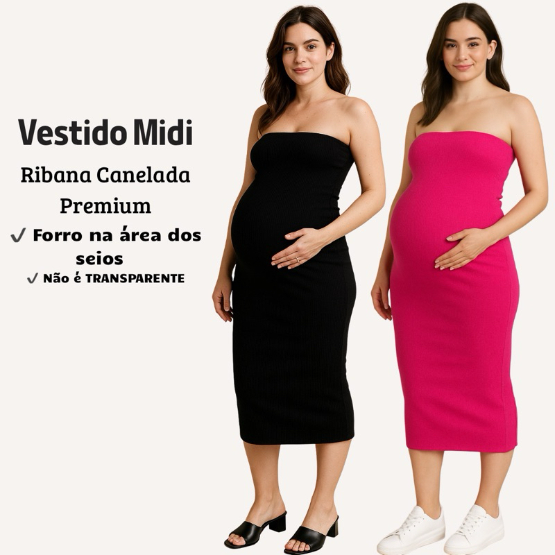 Vestido Mídi Canelado Gestante Tomara Que Caia Plus Size Ribana Premium Casual Elegante Dia a Dia