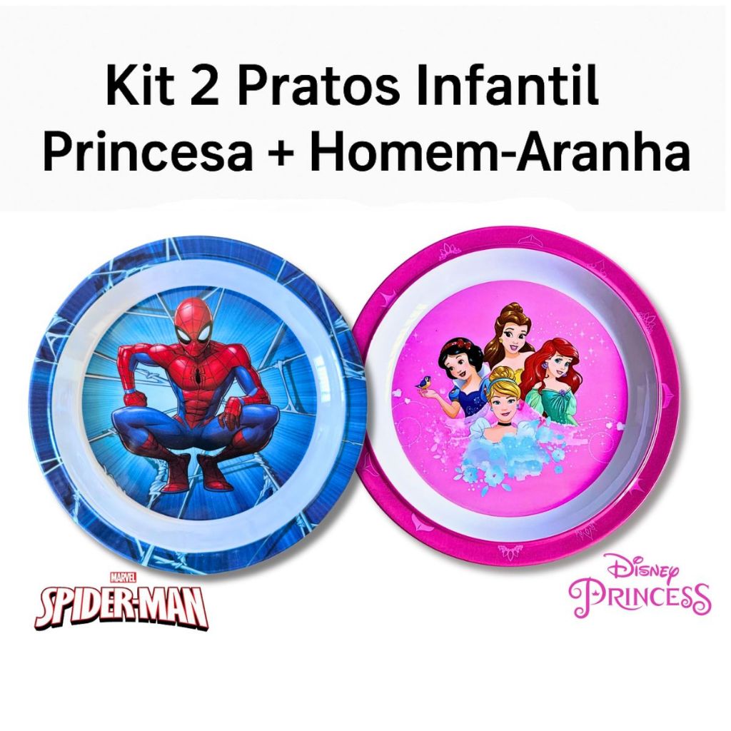 Kit 2 Pratos Infantis Tematicos Disney Princesas Marvel Homem Aranha - Melamina