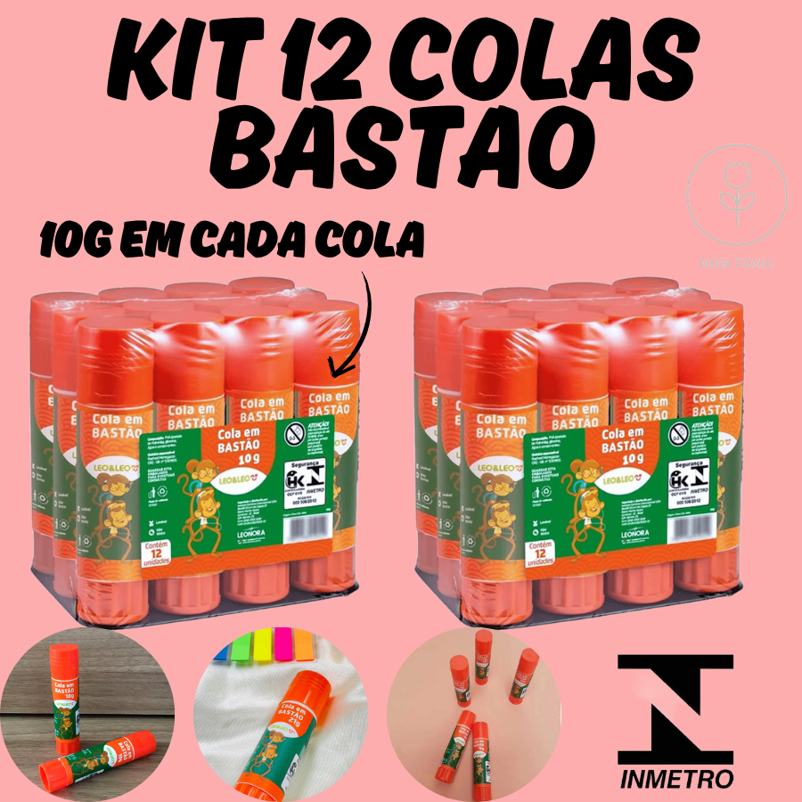 KIT 12 Colas Bastão 10g Leo&Leo Material Escritório Fácil Secagem Aplicação Atóxico Escolar em Oferta na Shopee