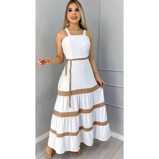 Vestido Longo Liso  Feminina Bicolor com forrto Casual Tecido Duna H-11 em Oferta na Shopee