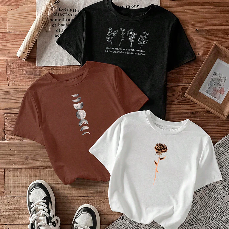 kit3 Camisetas feminina de algodão Flores fases da Lua Rosa off white malha premium T-Shirts — imagem 1