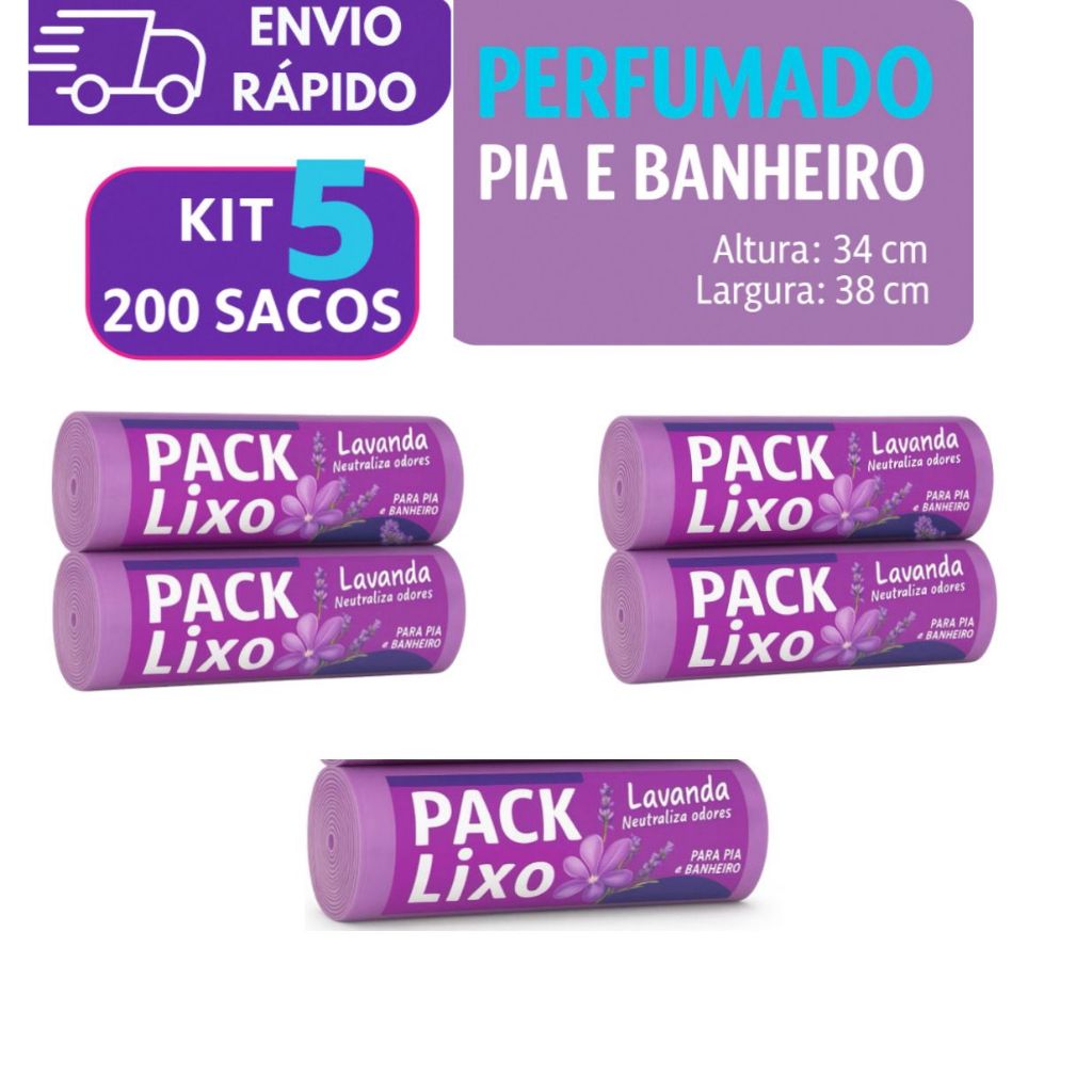 Kit 5 Sacos de Lixo Perfumado Lavanda Cozinha e Banheiro Anti Odor e Anti Inseto Cor Lilás