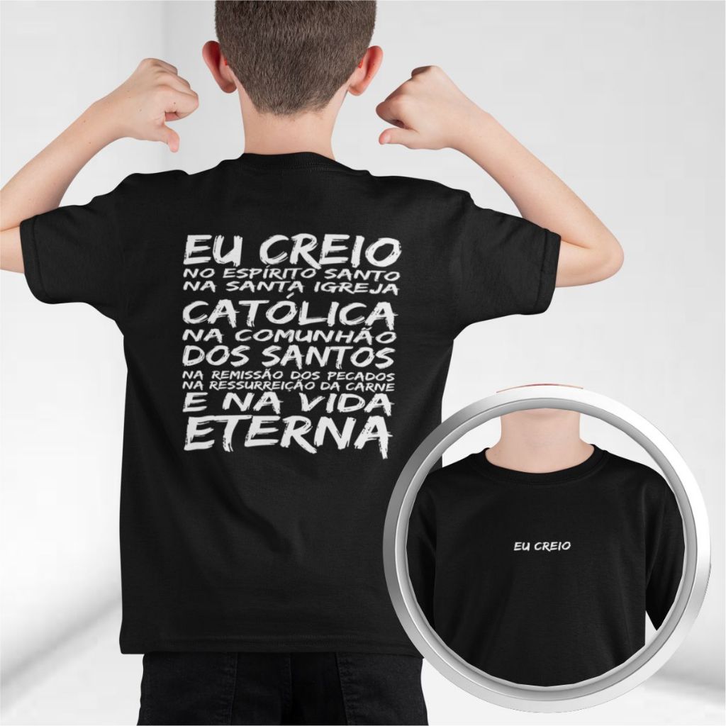 Camiseta Masculina Infantil Creio Camisa Juvenil Jesus Manga Curta 100% Algodão Varias Cores
