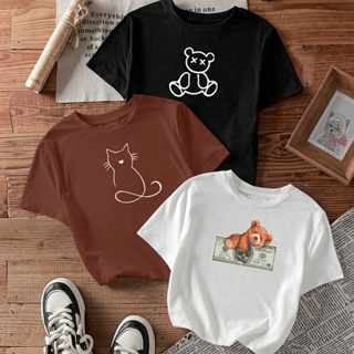 kit3 Camisetas feminina de algodão Urso Gatinho Ursinho do dinheiro off white malha premium T-Shirts em Oferta na Shopee