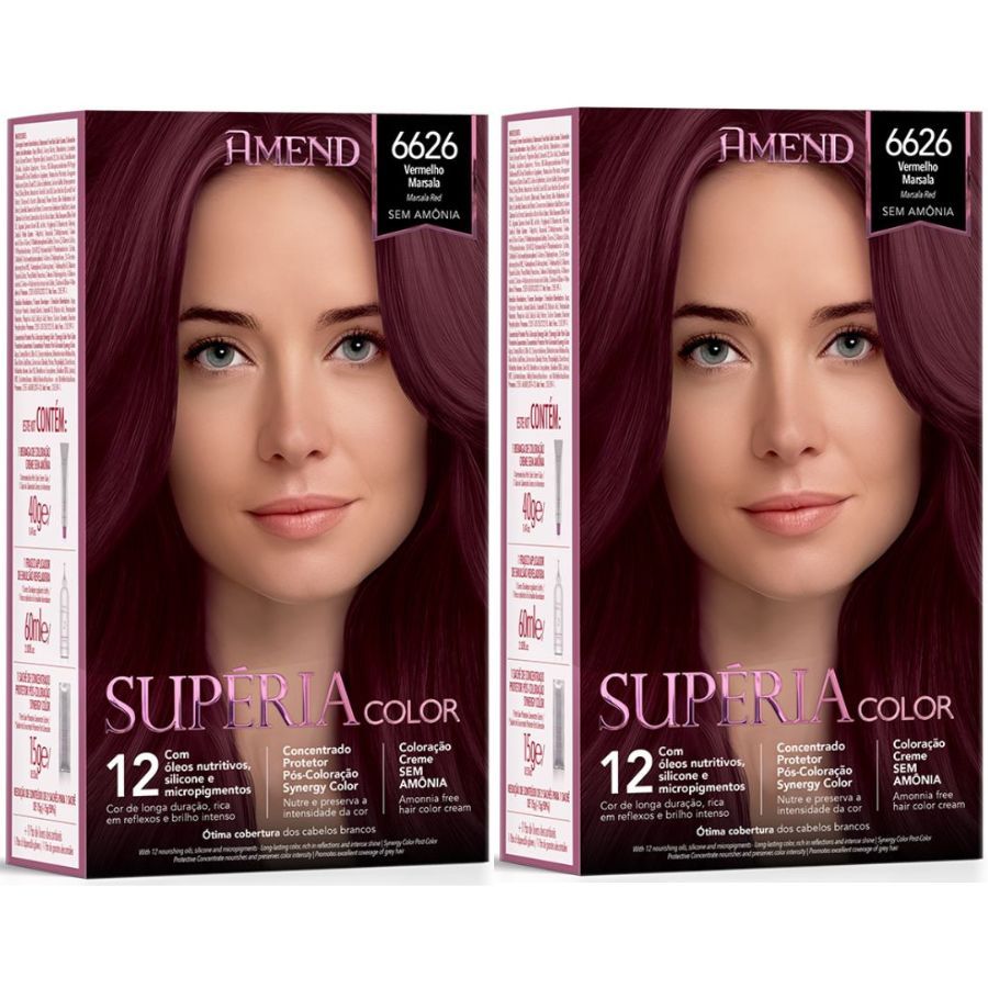 2 Colorações Cremes sem Amônia Supéria Color 6626 Vermelho Marsala - Amend