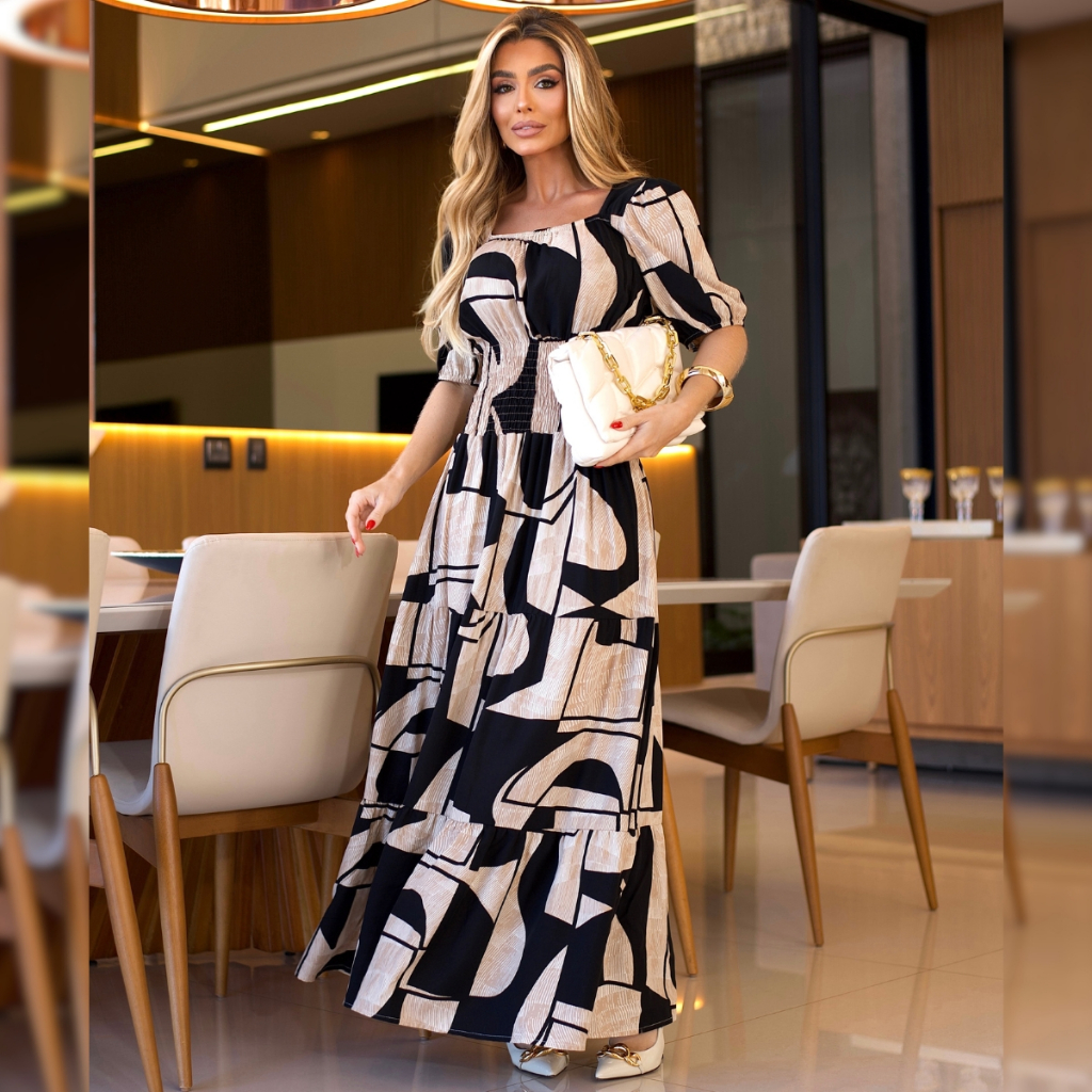 Vestido Longo Feminino Estampado Elegante Soltinho Confortavél Festa