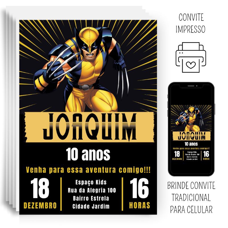 CONVITE IMPRESSO PERSONALIZADO 14x10cm - WOLVERINE X-MEN