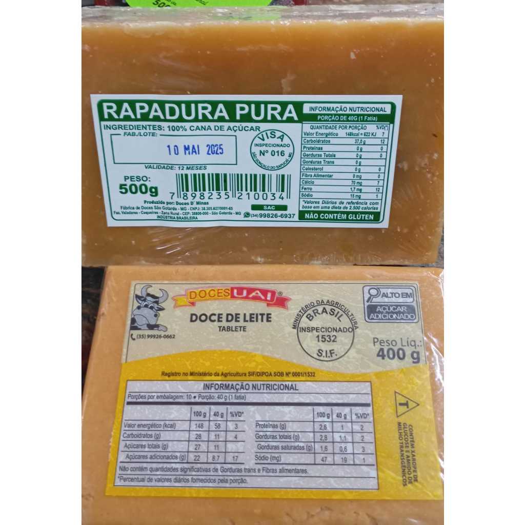 KIT RAPADURA PURA 500G + DOCE DE LEITE 400G SABORES