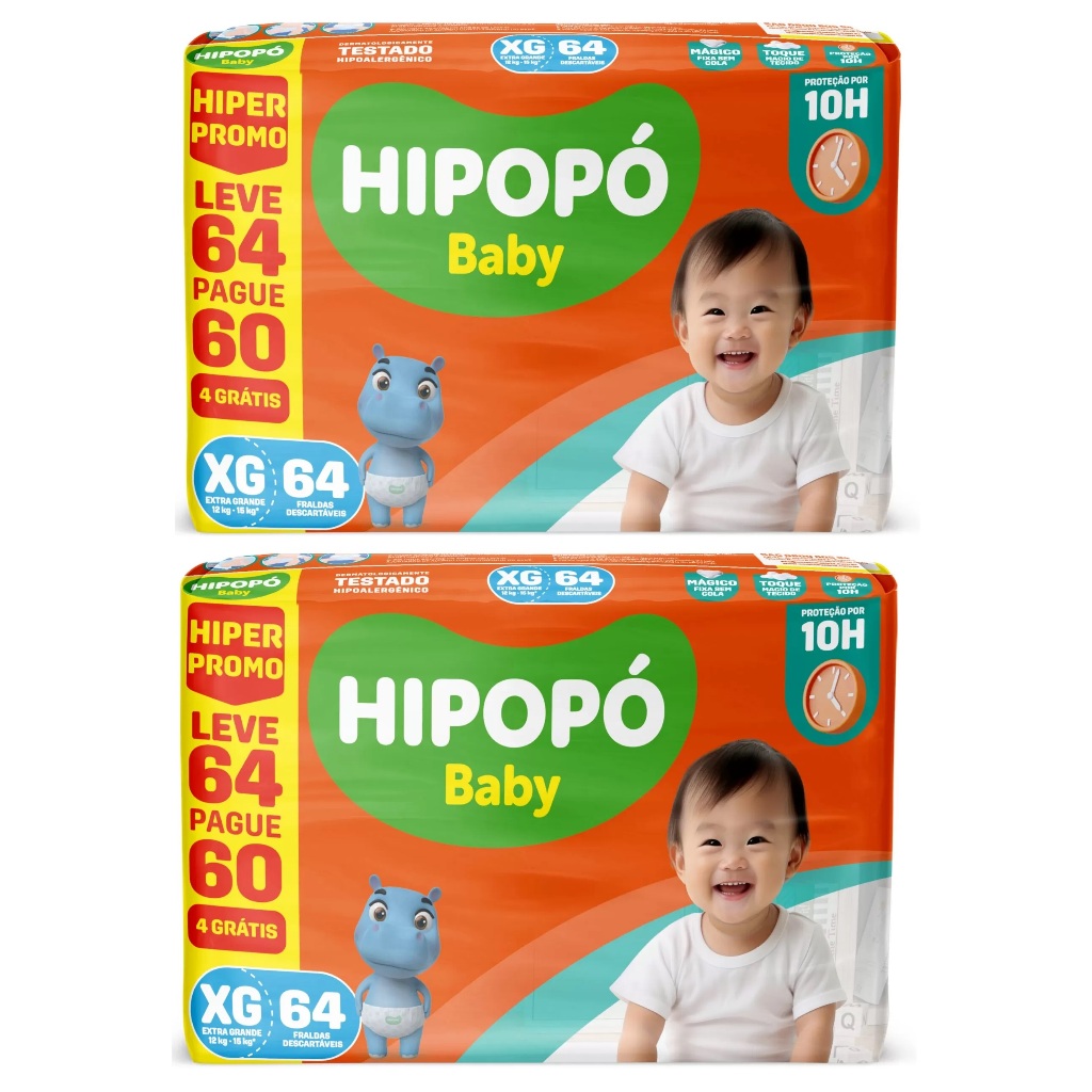 Kit 2ptes Fralda Hipopó Baby Hiper XG 64un - Total 128unidades