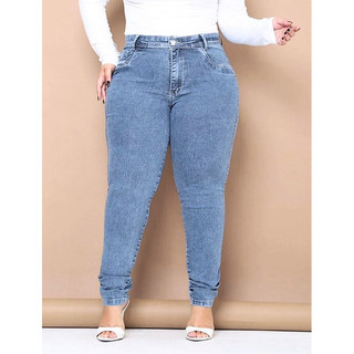 Calça Jeans Feminina Plus Size Skinny Com Lycra Cintura Alta Elastano Costura Reforçada