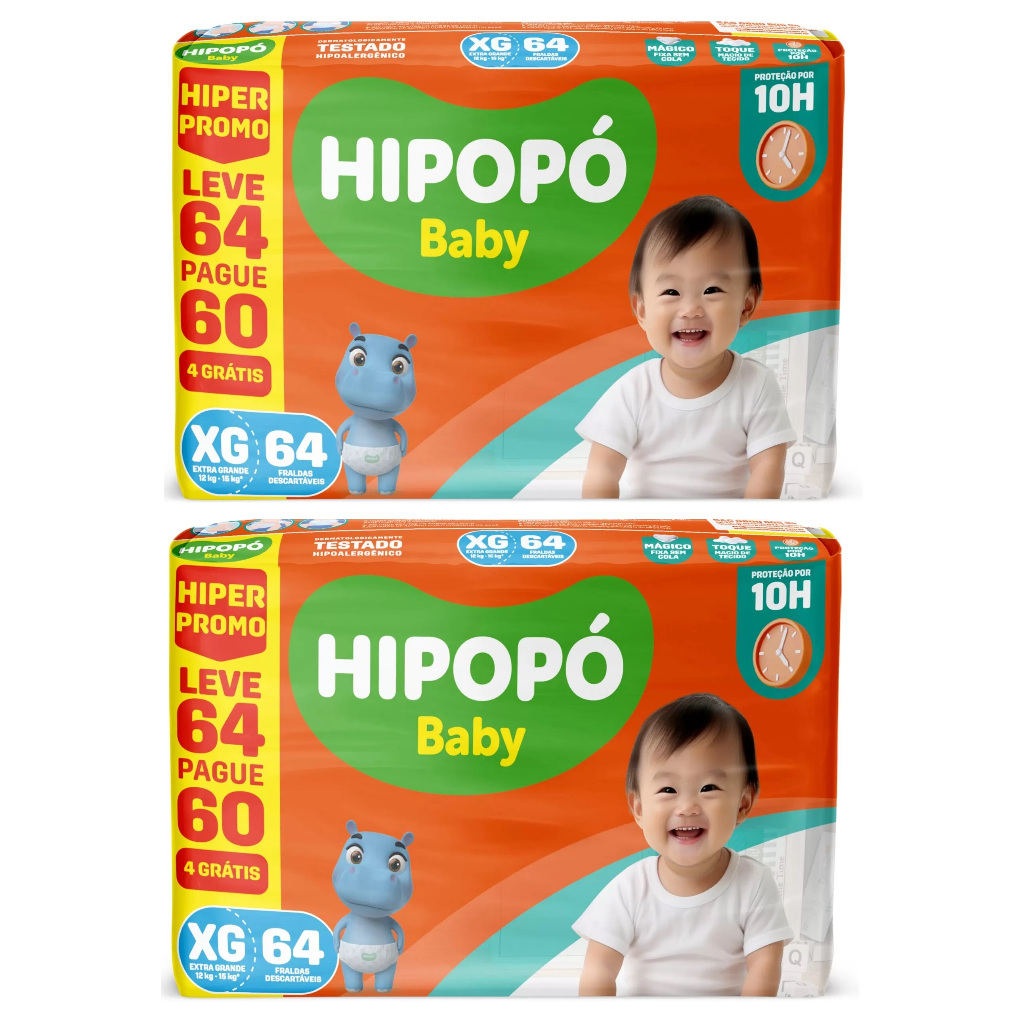 Kit 2ptes Fralda Hipopó Baby Hiper XG 64un - Total 128un