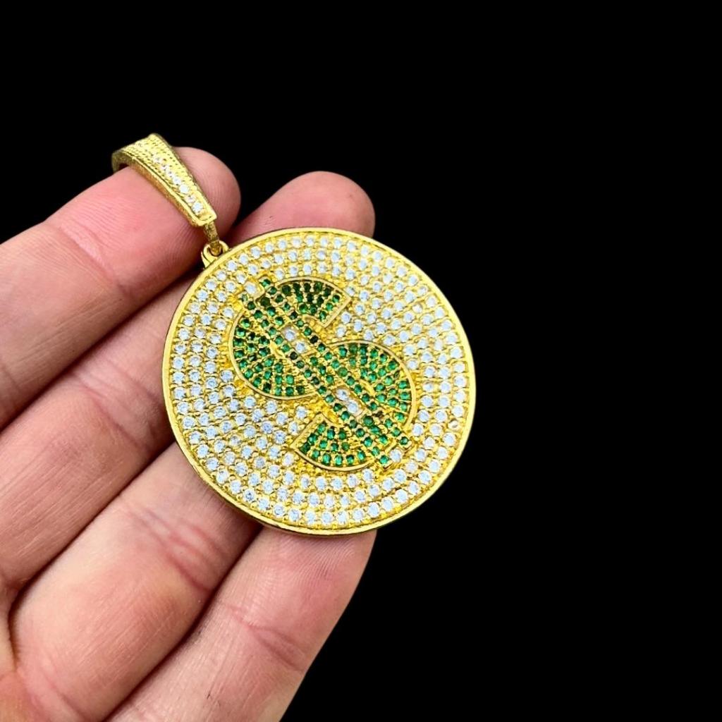 PINGENTE MEDALHA CIFRÃO INTEIRO CRAVEJADO - 100% MOEDA ANTIGA