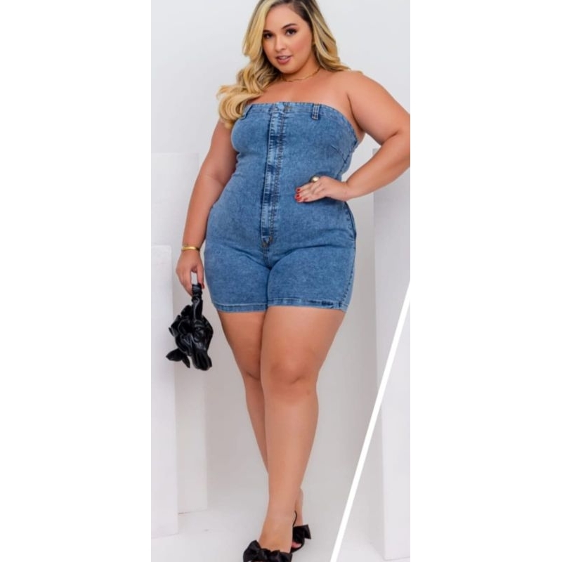 Macacão Jeans Feminino Tomara que Caia com Ziper Estiloso 48/50