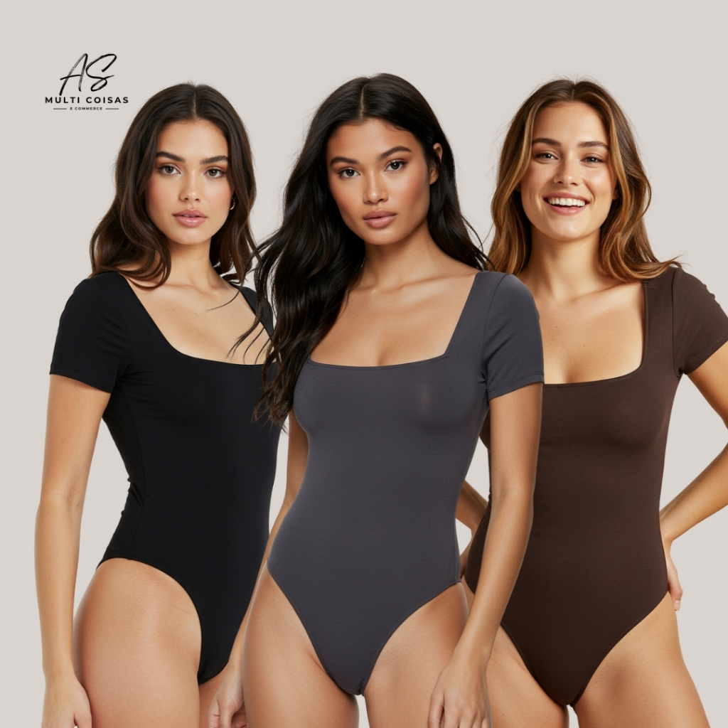 KIT COM 3 BODY MANGA CURTA COM DECOTE QUADRADO E FORRO DUPLO NOVIDADE em Oferta na Shopee