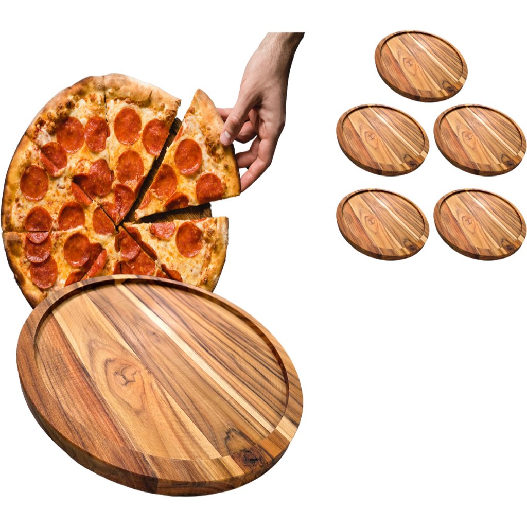 Kit Com 5 Tábua Suporte De Madeira Teca Para Cortar Servir Pizza 35cm