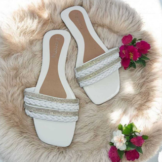 Sandália rasteira 4 Tiras Strass Trança confortável antiderrapante Rasteirinhas Femmy 01 em Oferta na Shopee
