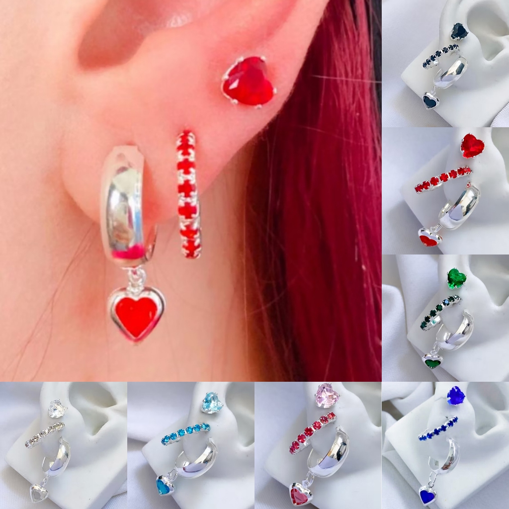 Brincos de argola tripla banhados a prata 925 com sete cores de zircônia cristal requintada em Oferta na Shopee