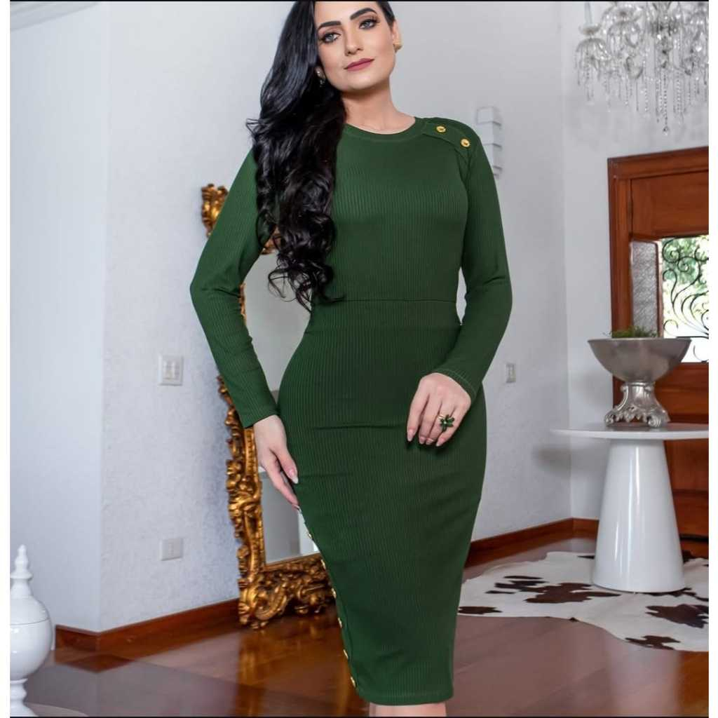 VESTIDO MIDI CASUAL EM MALHA CANELADA E VISCOSE, FORRADO MODA EVANGÉLICA E SOCIAL