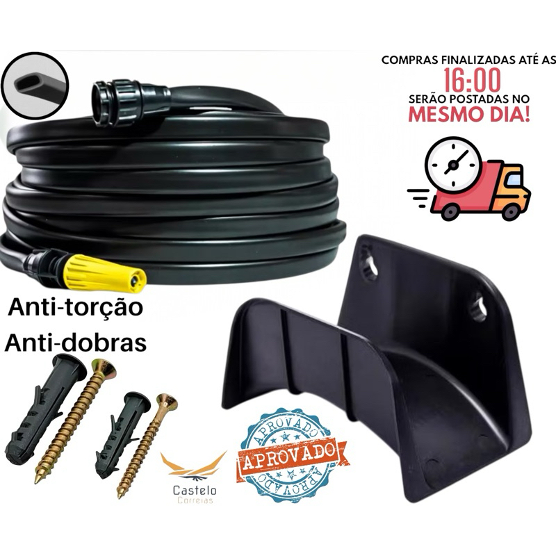 Kit completo de mangueira de jardim anti dobra com suporte,esguicho,parafusos e bucha. em Oferta na Shopee