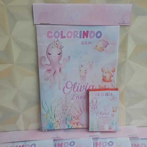 Kit Mini livrinho de colorir + giz de cera no tema Fundo do Mar Menina lembrancinhas personalizadas em Oferta na Shopee