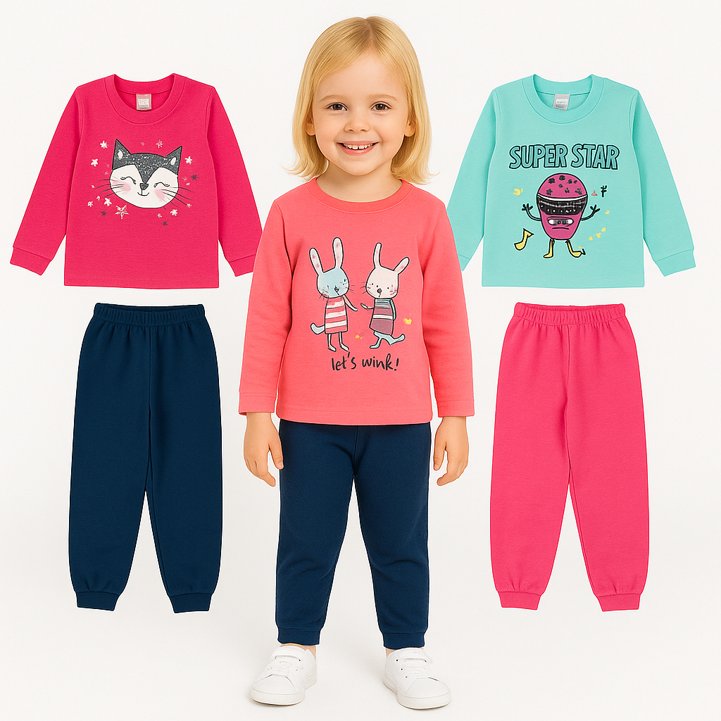 Kit Sortido 6 Peças de Roupas Feminino Infantil Inverno Moletom Flanelado – 3 casaco + 3 calças Sortidos