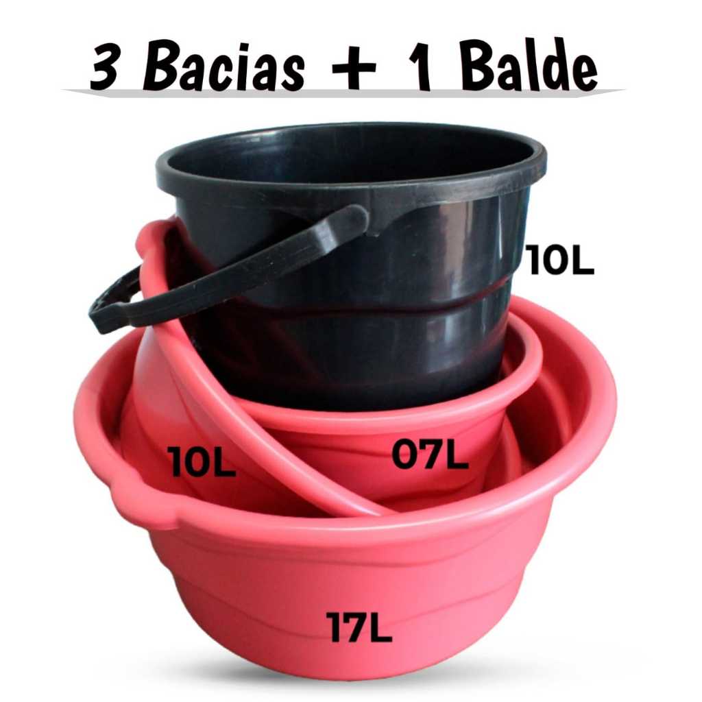 Kit 3 Bacias e 1 Balde Lavanderia Lava roupas cozinha utilidades resistentes