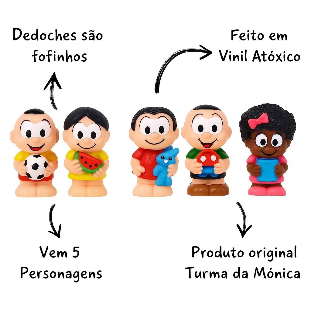 Dedoches Bonecos Mônica, Cebolinha, Cascão, Magali e Milena