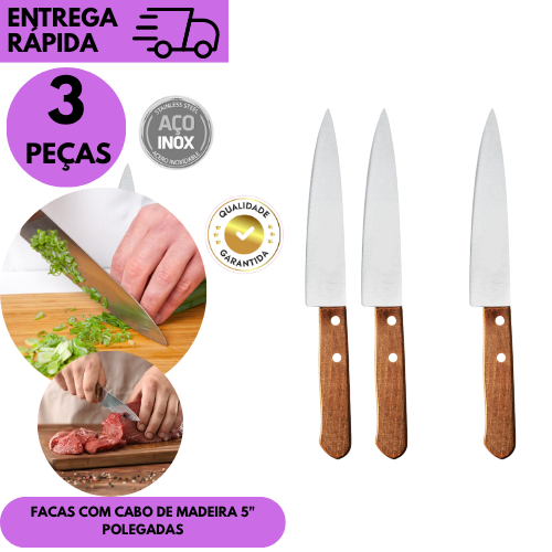 Kits 3 ou 2 Facas de Cozinha 5 Polegadas Inox Cabo de Madeira Resistente Corte Preciso Utensílio Dom