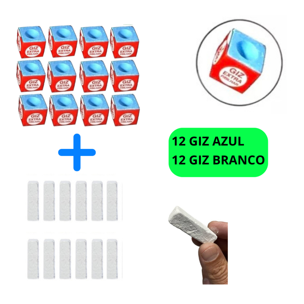 Kit 12 Giz Azul 7 Belo + 12 Giz Branco Para Sinuca Bilhar Snooker