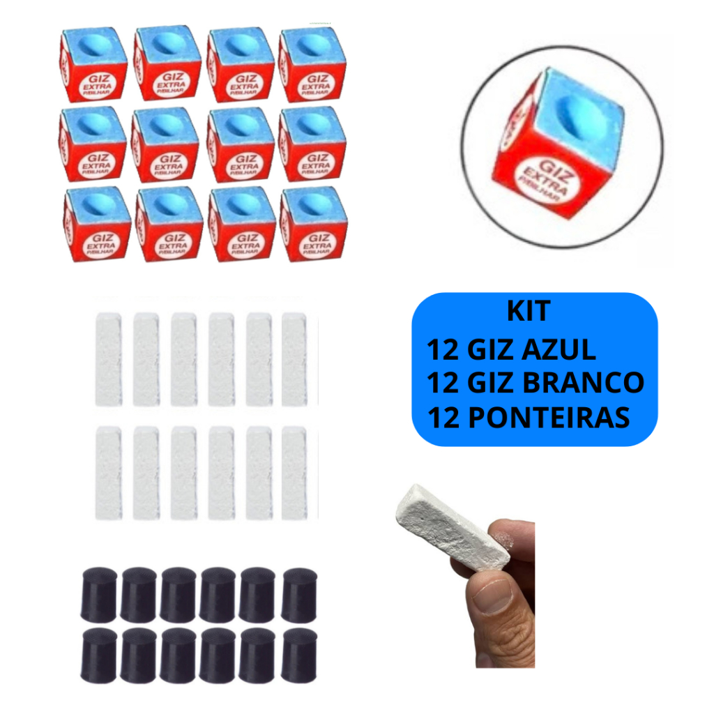 Kit Sinuca Com 12 Giz Azul 7 Belo + 12 Giz Branco + 12 Ponteira Virola Rista Para Tacos Bilhar Snooker em Oferta na Shopee