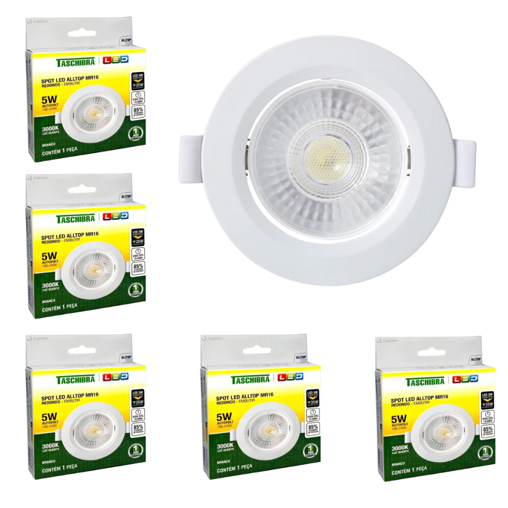 Kit 5 Spot Led Embutir 5w Redondo Teto Alltop MR16 3000K 4000K 6500K Bivolt Taschibra