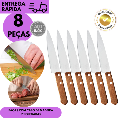 Kits 8/6/4 ou 3 Facas Inox de Cozinha 5'' Cabo de Madeira Profissional Corte Fino Preciso Utensílio