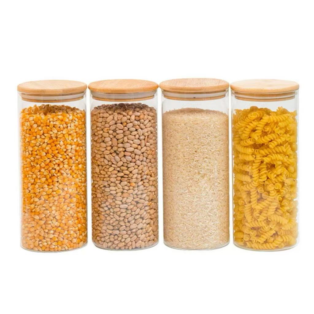Kit 4 potes de vidro redondo com tampa de bambu herméticos para mantimentos 300ml