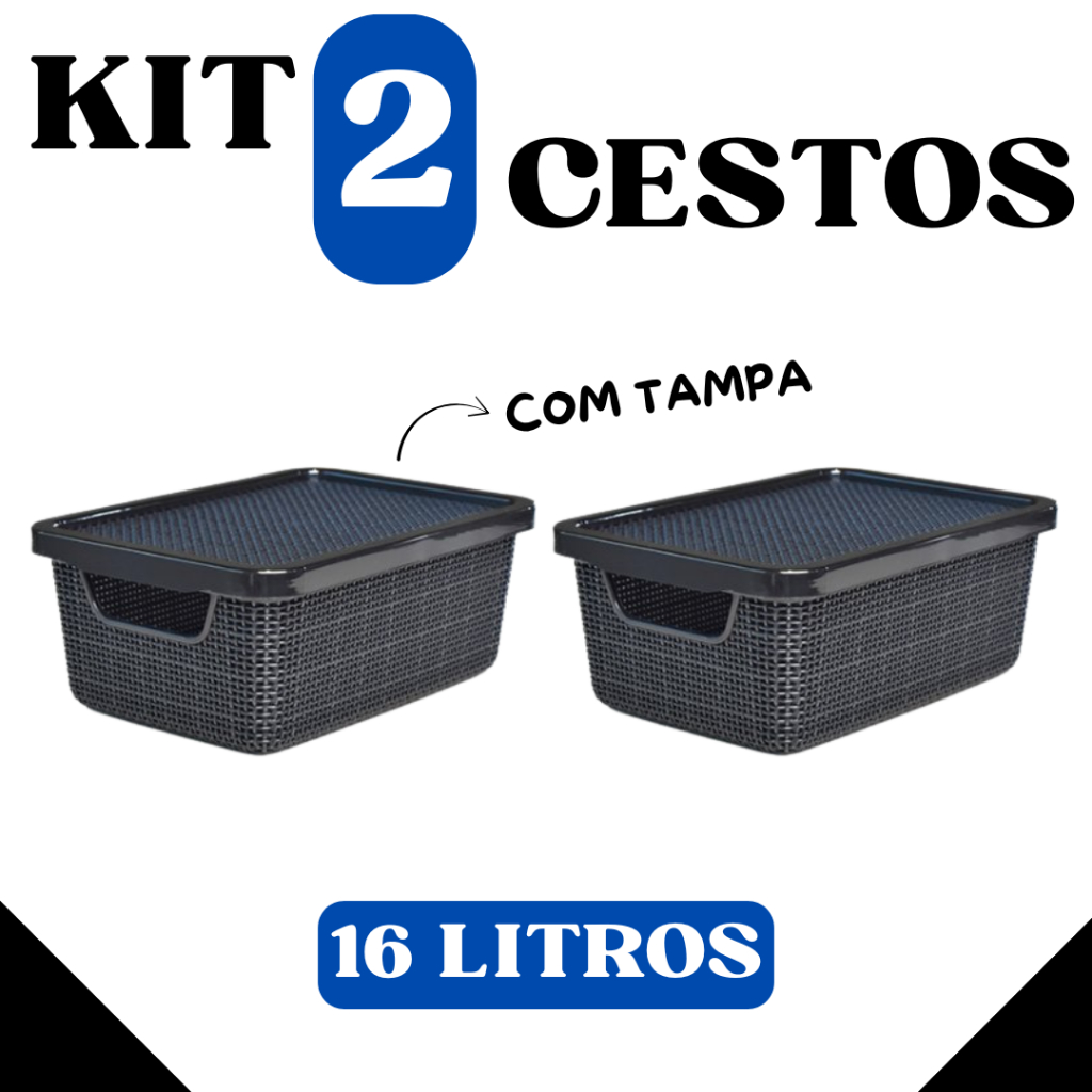 Kit 2 Cestos Organizadores Jutta com Tampa 16L Preto -Caixas Organizador Jutta em Oferta na Shopee