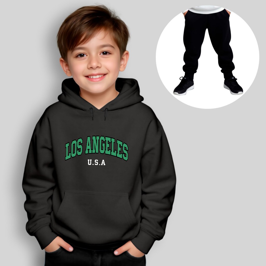 Conjunto Moletom Infantil Cinza Canguru + Calça Estampado Los Angeles U.S.A. Inverno