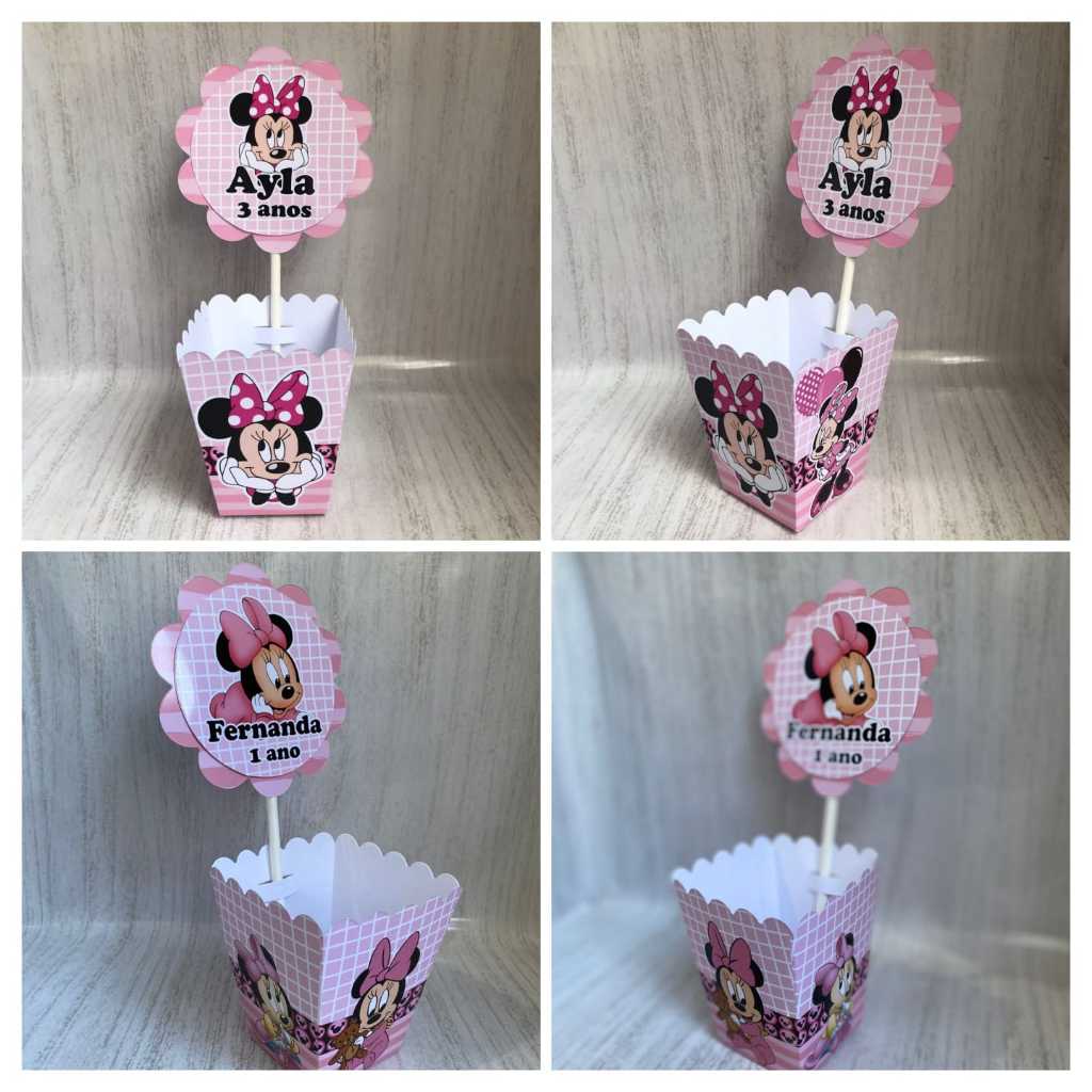 Centros de mesa Cachepot Minnie e Minnie Baby Rosa/ Lembrancinhas para festa Infantil/ caxinhas/ personalizados