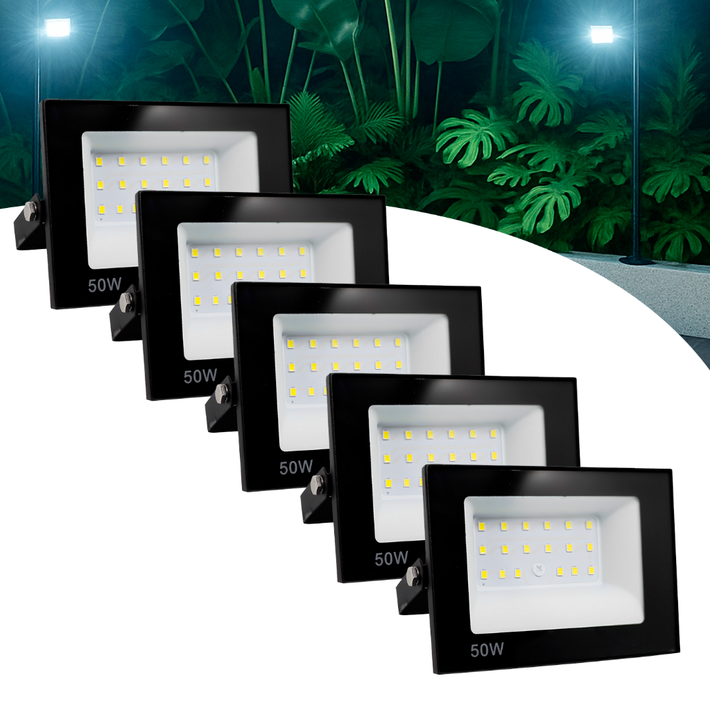 Kit 5 Refletor Led 50w Holofote Bivolt Prova D'água Luz Branco Frio
