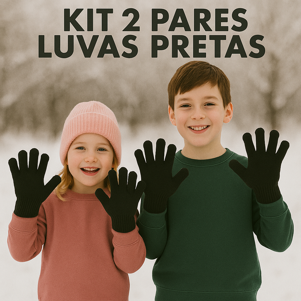 Kit 2 Pares Luvas Pretas Infantil Inverno Criança Estilo Moda Menino Menina