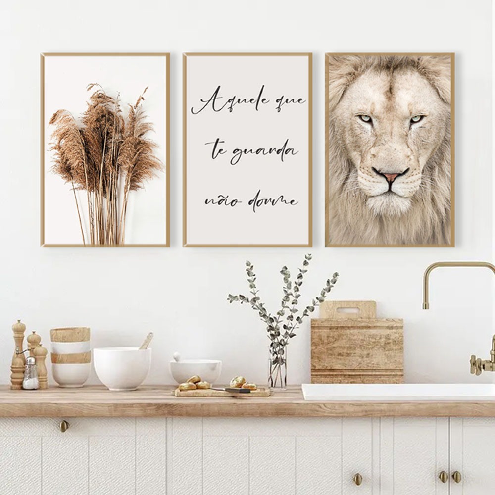 Kit 3 Quadros Decorativos Leão Frase Motivacional e Pampas – Estilo Boho Minimalista Sala Quarto em Oferta na Shopee