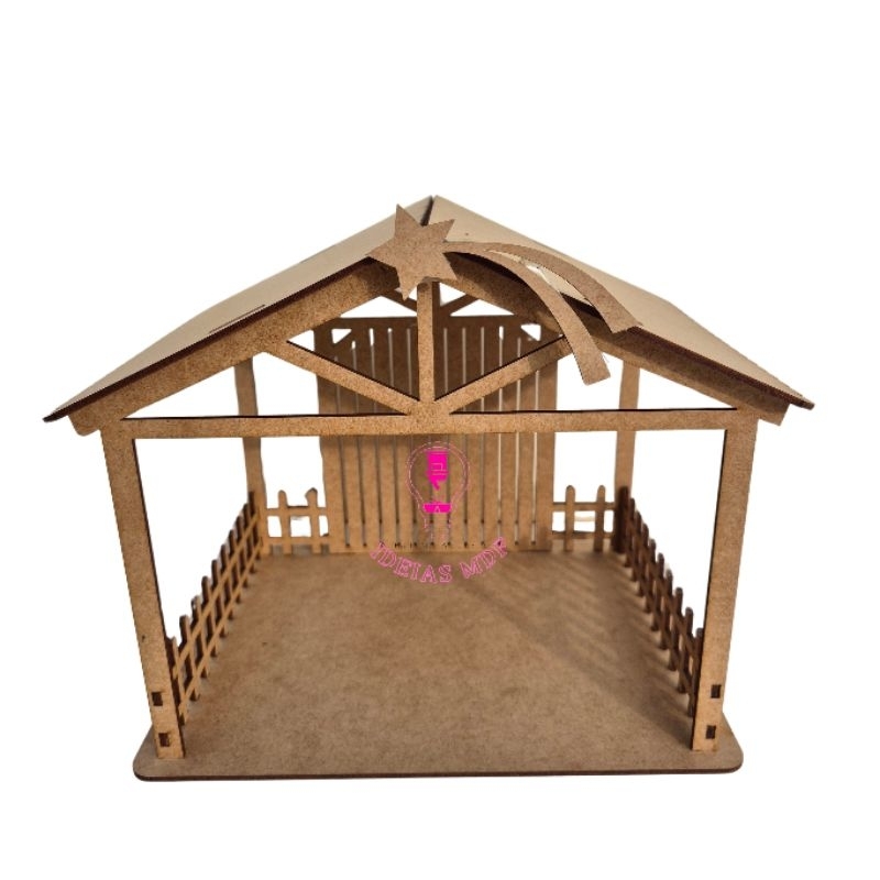 Casa para presépio P 24x17x20, Laser feliz natal- casinha MDF cru