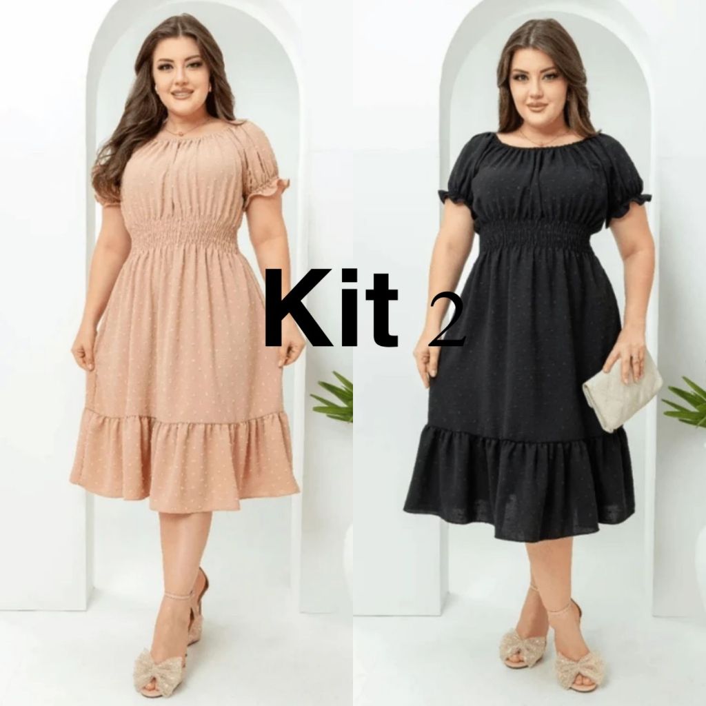 Kit 2 Vestidos Curtos Femininos Duna Pipoca – Cores Nude e Preto | Casual, Elegante e Confortável | Veste 36 ao 50 em Oferta na Shopee