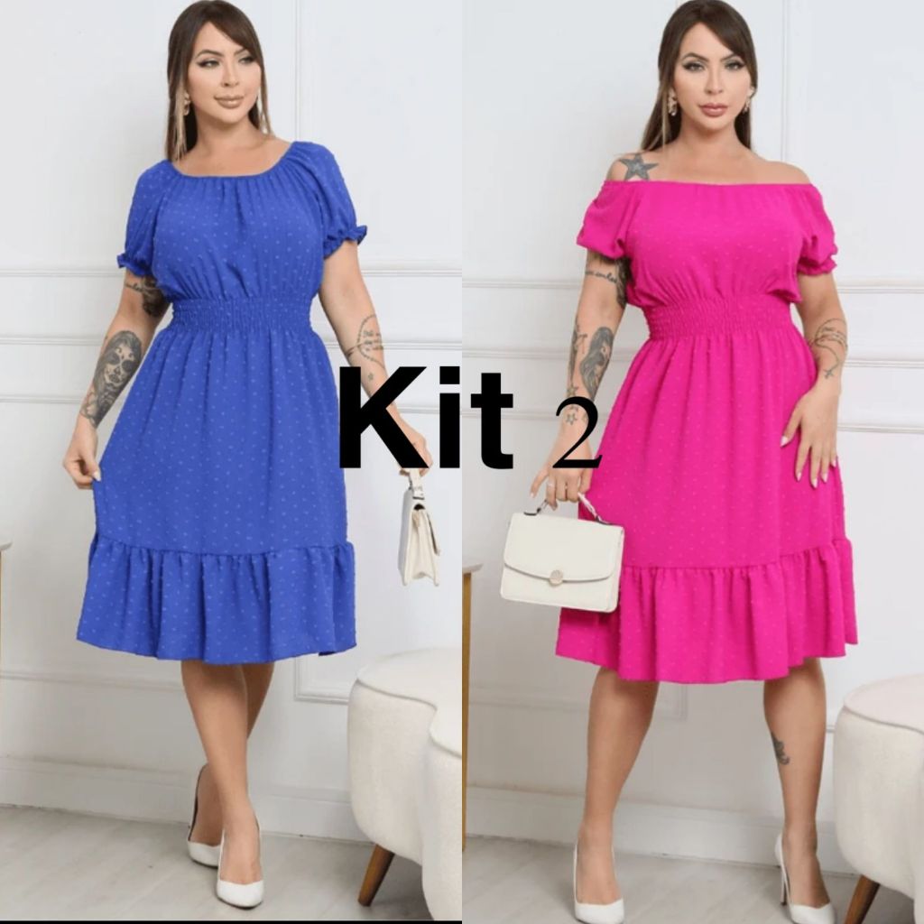 Kit 2 Vestidos Curtos Femininos Duna Pipoca – Azul Royal, Rosa, Preto e Marrom | Conforto, Elegância, Tecido Fresquinho,