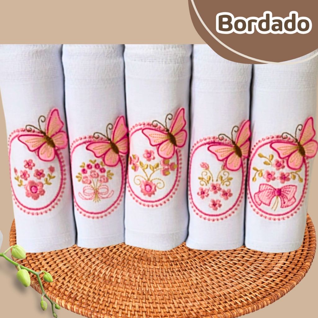 Kit Fralda De Pano Bordada Bebê 5 unidades 100% Algodão 70x70cm Tecido Duplo Enxoval Recém...