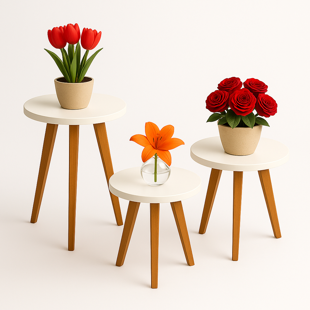 Kit de Tres Mesas de Apoio Redonda Mesa Lateral de MDF Pés Palito Madeira Mesinha de Canto Tripe Laterais Para Decorar em Oferta na Shopee